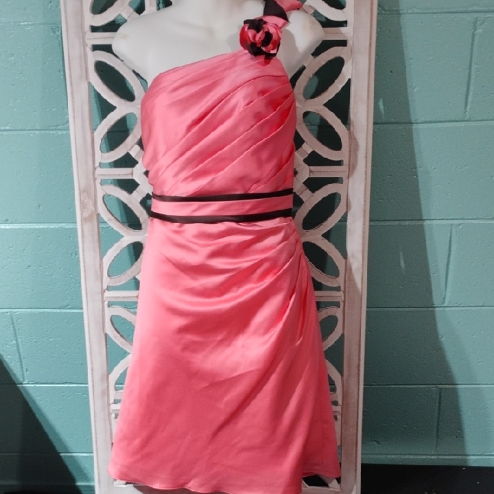 One-Shoulder Coral Dress with Black Accents